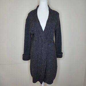 Inis Crafts 100% Merino Wool Long Sweater Grey Cable Knit Made in Ireland Large